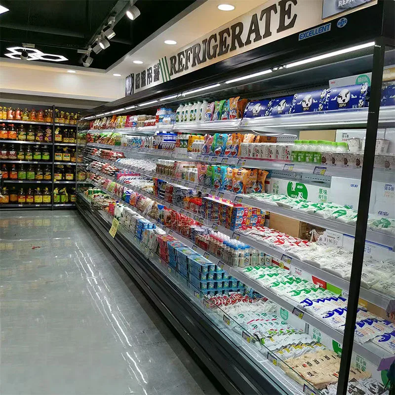 Customized Supermarket Refrigeration Equipment Upright Air Curtain Open Display Chiller Showcase Refrigerator