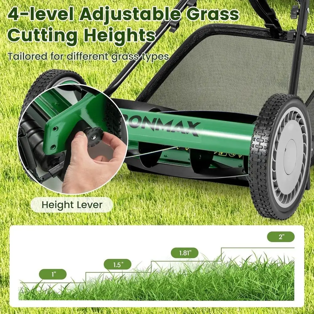 Manual Lawn Mower, 16 Inch 5-lade Walk-ehind CordlGrass Cutter with 7 Gallon Removale Grass Collect ag, Adjustale Cutting Height