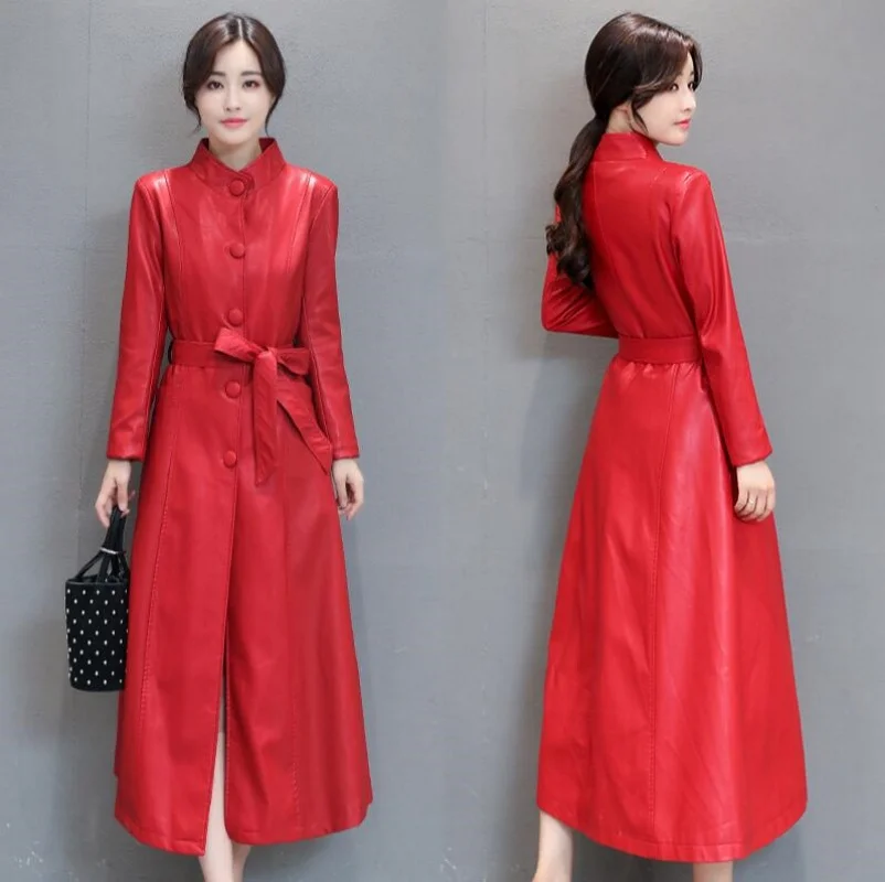 Nuevo gabardina de cuero para mujer, moda informal, cuello redondo, botonadura única, Tops ajustados de PU, abrigo largo, prendas de vestir exteriores, Coa de cuero
