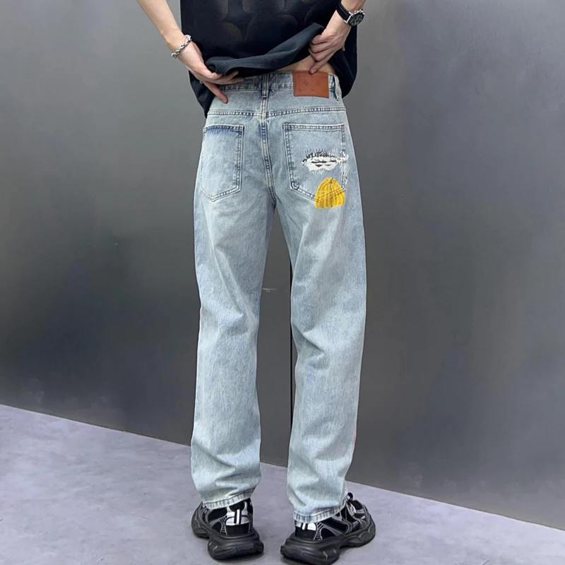 Light Blue Pumpkin Pattern Denim Pants For Men Graphic Letter Printed New Jeans Male2024new product