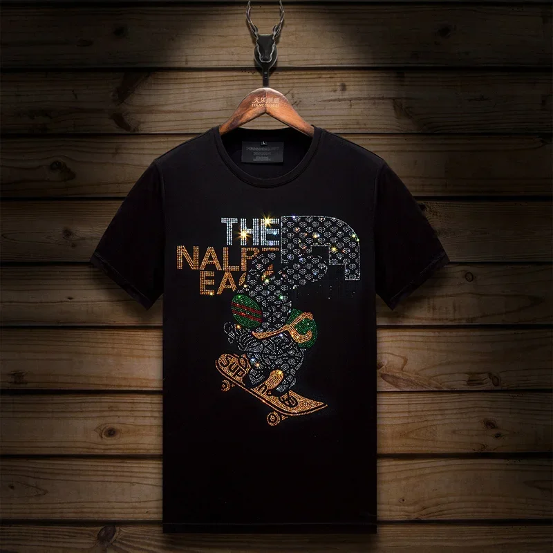 

2025 футболки с героями мультфильмов, мужские футболки высокого качества с кроликом и бриллиантами, модная уличная одежда с коротким рукавом, тонкие мужские футболки с круглым вырезом, большие размеры 6XL