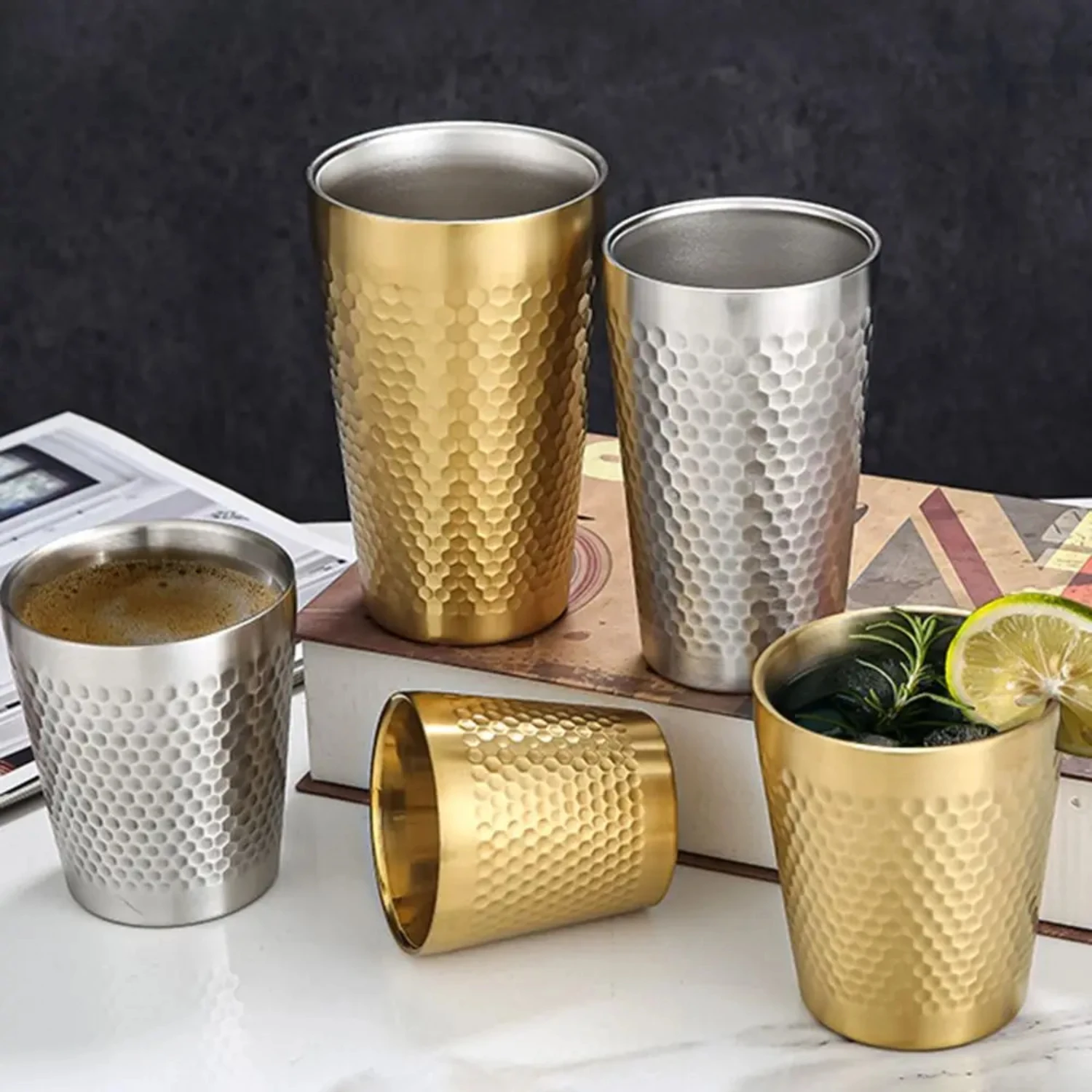 Anti-scalding Hammered Texture Double-Wall Stainless Steel Milk Mugs - Northern Europe Style Cold Water Beer Cups - Anti-fall Dr