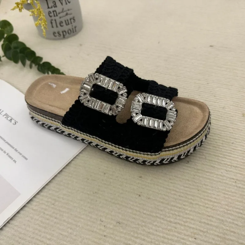 2024 new thick-soled hemp rope double buckle square buckle cork beach slippers plus size women shoes claquette femme