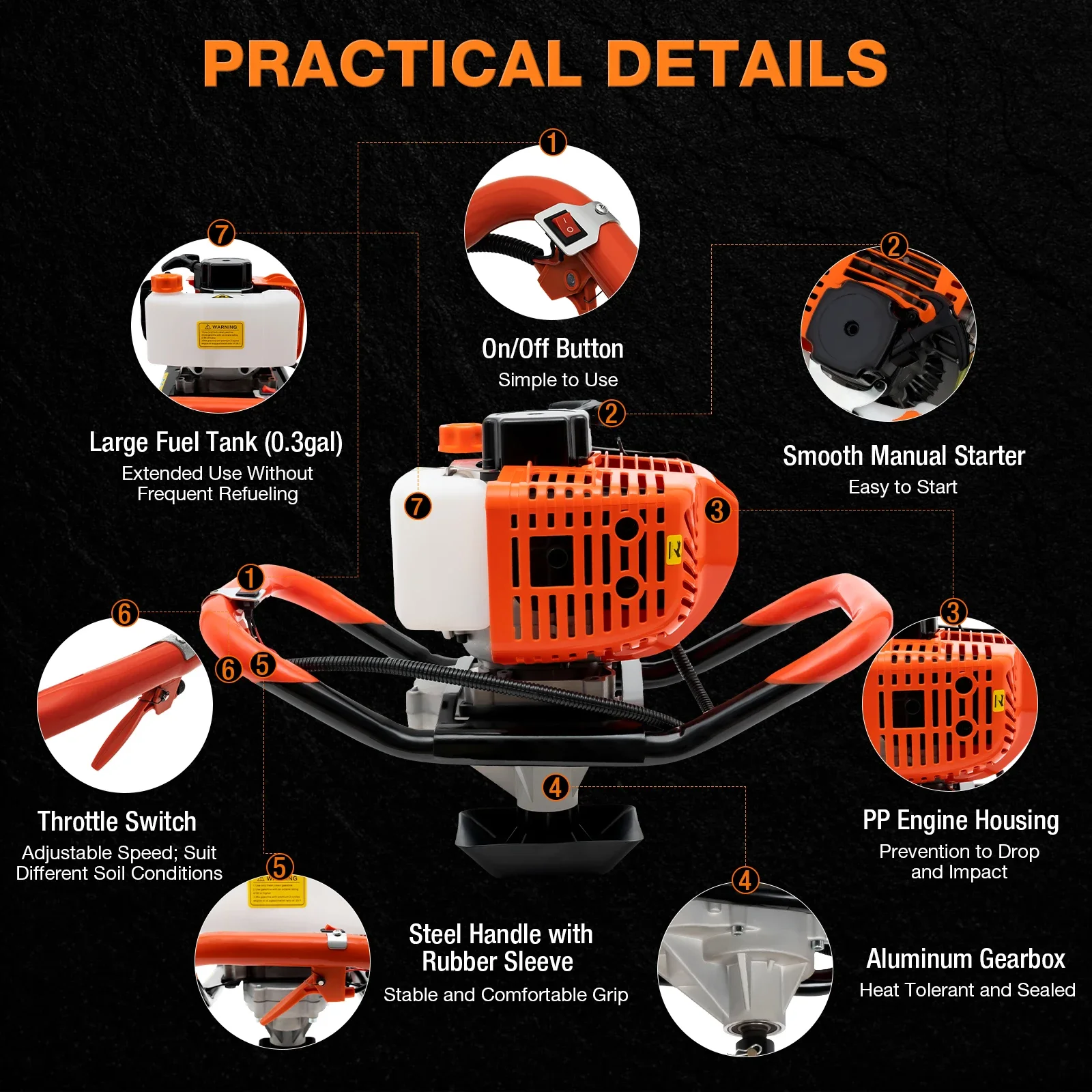 52cc 2-stroke Earth Auger Gasoline Powered Hole Digging Machine 2.3HP with 3pcs 4