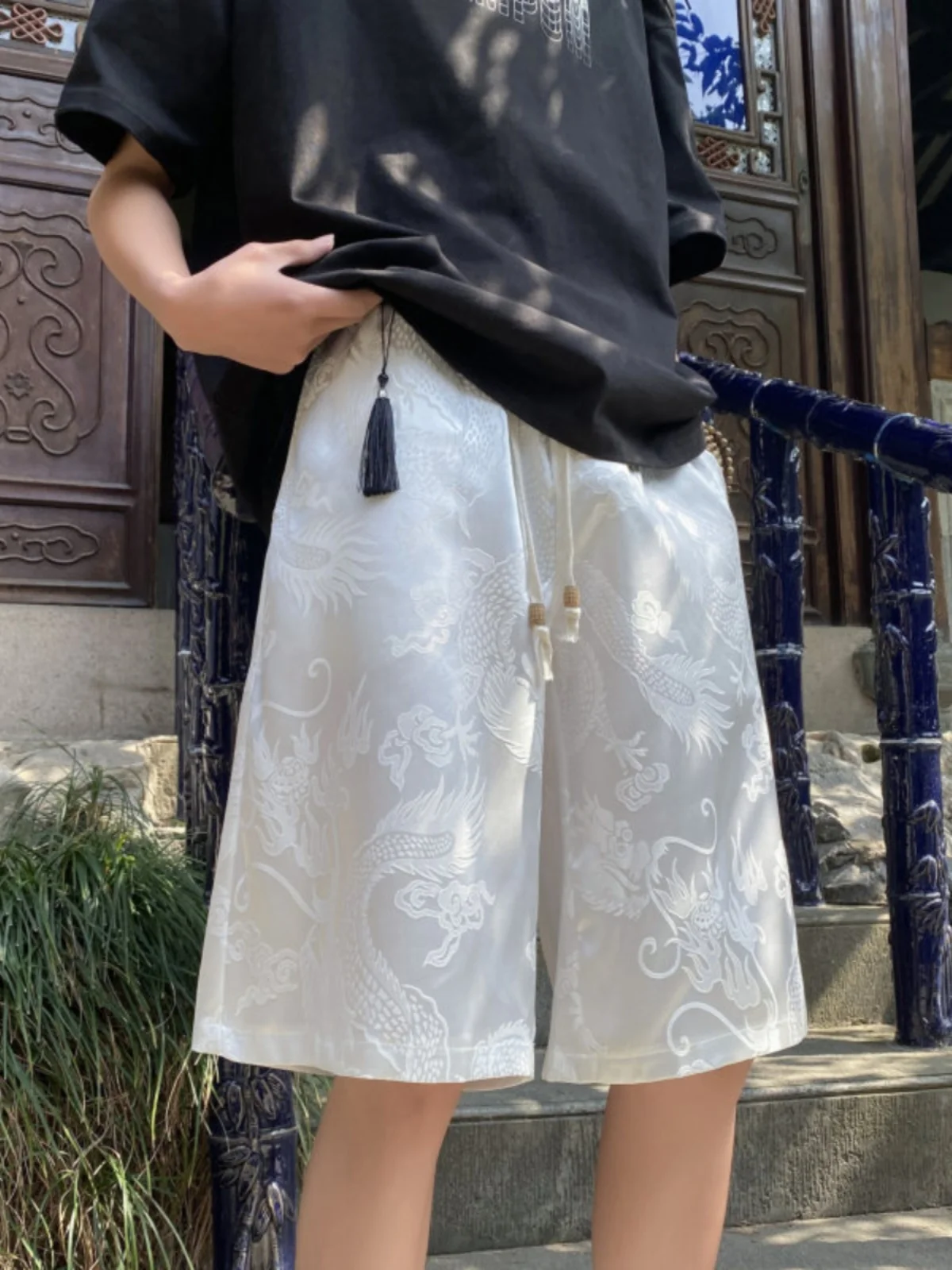 

White Vinegar Satin orts Men's Summer Trendy High-End Dragon Pattern Pants New Chinese Sle Casual orts Straight Leg Pants