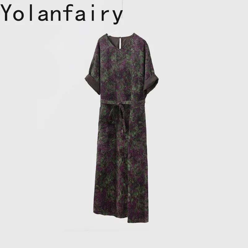 YOLANFAIRY Reversible 100% Real Mulberry Silk Dresses for Women Jacquard Gambiered Silk Round Neck Luxury Birthday Dress Lace-up