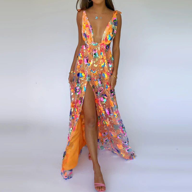

Fashion Sleeveless High Waist Split Long Dress New Summer Backless Slim Party Dresses Ladies Deep V Sequin Printed Evening Dress