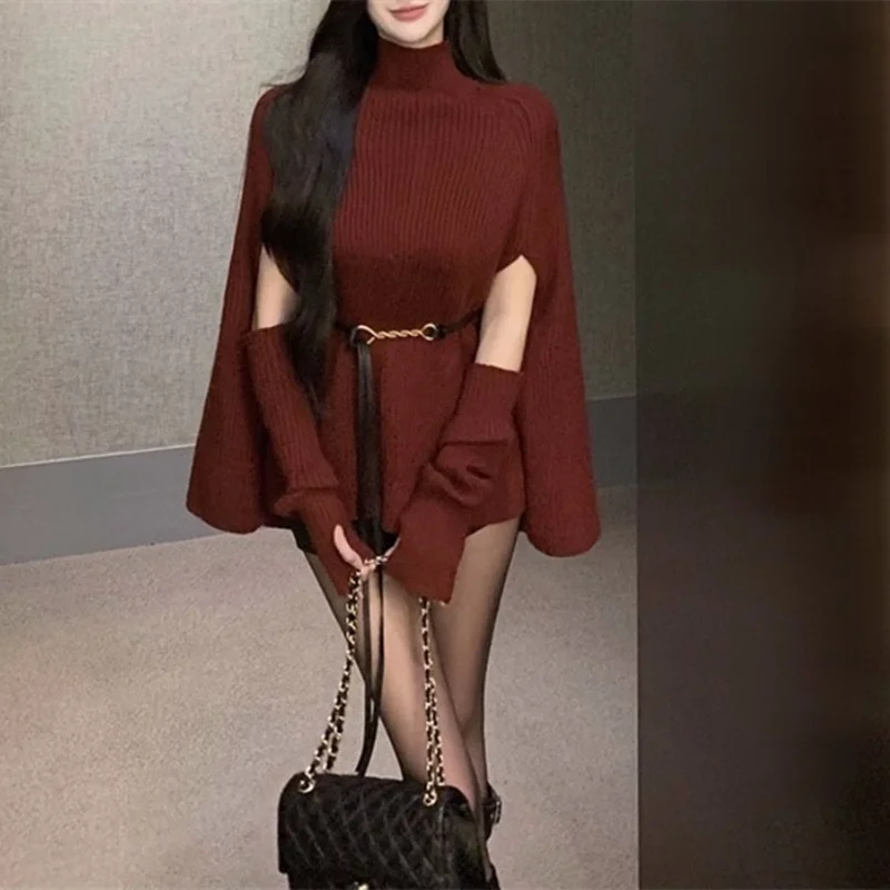 Detachable Sleeve Knitted Sweater Women Pullovers For Woman Autumn Balloon Wide Collar Patchwork Layered Style Bohemian Date Ins