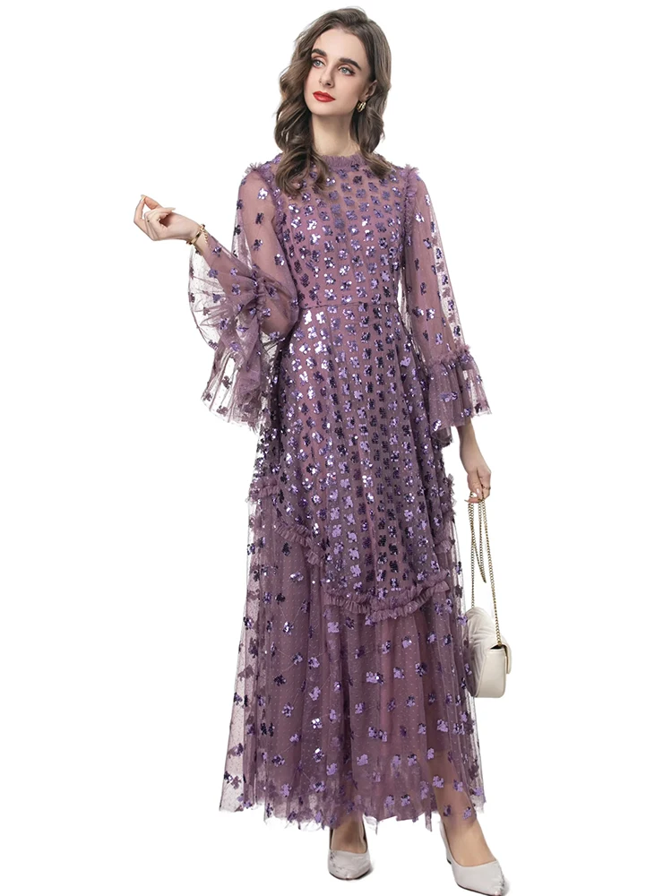 DLDENGHAN ผู้หญิง O-คอ Flare Sleeve เย็บปักถักร้อยตาข่ายสีม่วง Ball Gown ชุดเดรสยาวแฟชั่นฤดูใบไม้ผลิใหม่