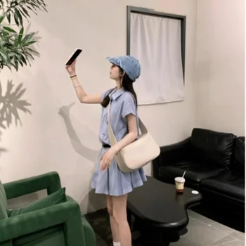 블루 스트라이프 미니 드레스 반팔 여름 2024 새로운 스타일 허리 장착 a 라인 프레피 모양 여성 드레스 