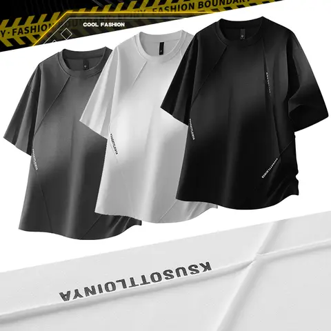 American Deconstructed Style Men Short Sleeve Street Trendy Skateboard Short Sleeves Loose Hip Hop Fashion T-Shirt Splice Design