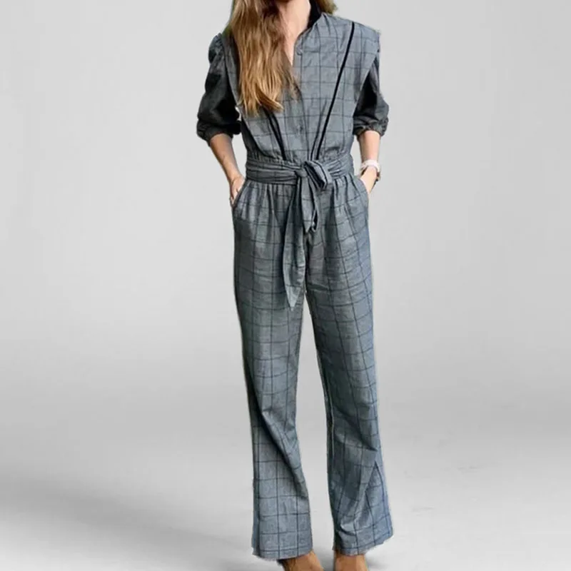 

Spring 2025 Women's Plaid Retro Faionable Belted One-Piece Long Pants High Waist Cross-Border New Sle Ladies' Suit