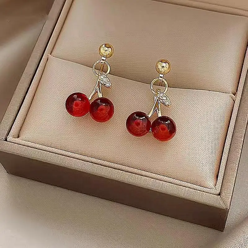 Pendientes de tuerca de hoja de cereza de circón rojo para mujer, joyería de Piercing para fiesta de moda, regalos de boda de cumpleaños