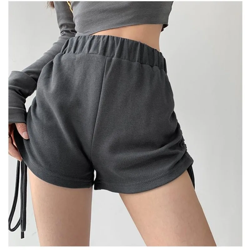 Calções desportivos monocromáticos de perna larga feminino, cintura alta, elástico, cordão, ruched, doce, casual, roupa de rua, verão, novo