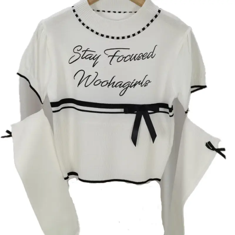 

Kimotimo Sweet Bow Half High Collar Knitted Pullover Women Autumn New Letter Embroidery Slim Fit Short Sleeve Sweater Y2k Tops