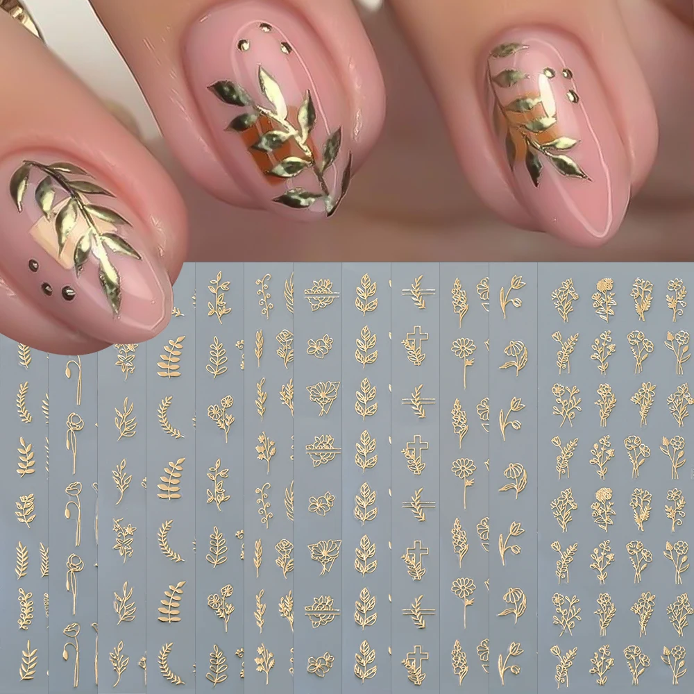 12sheet Gold Silver Tree Leaves Flowers Nail Decals Luxury 3D Stamping Butterflies Rose Nail Slider DIY Autumn Manicure Stickers