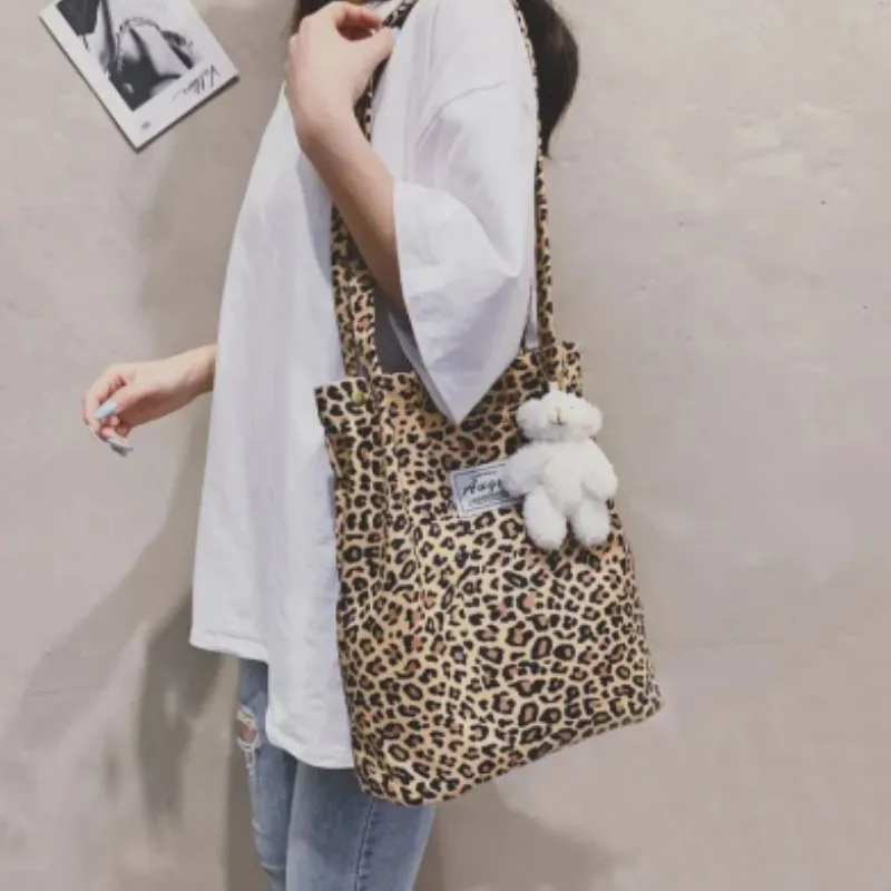 Korean Chic Big Casual Tote Bag Leopard Shoulder Bag Ladies Canvas Bag New Shopping Bag Student Print Handbag Bolsa Mujer