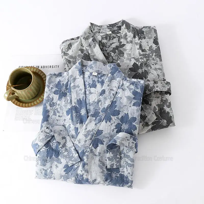

Men Cotton Peignoir Homme Sleepwear Japanese Style Kimono Gown Print Nightgown Man Autumn and Spring New Bathrobe Nightwear