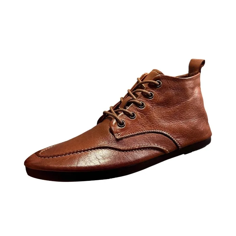 High End Horse Leather High Top Shoes Men's Boots Outdoor Riding Casual Genuine Leather Lace Up Chelsea Ankle Boots Male