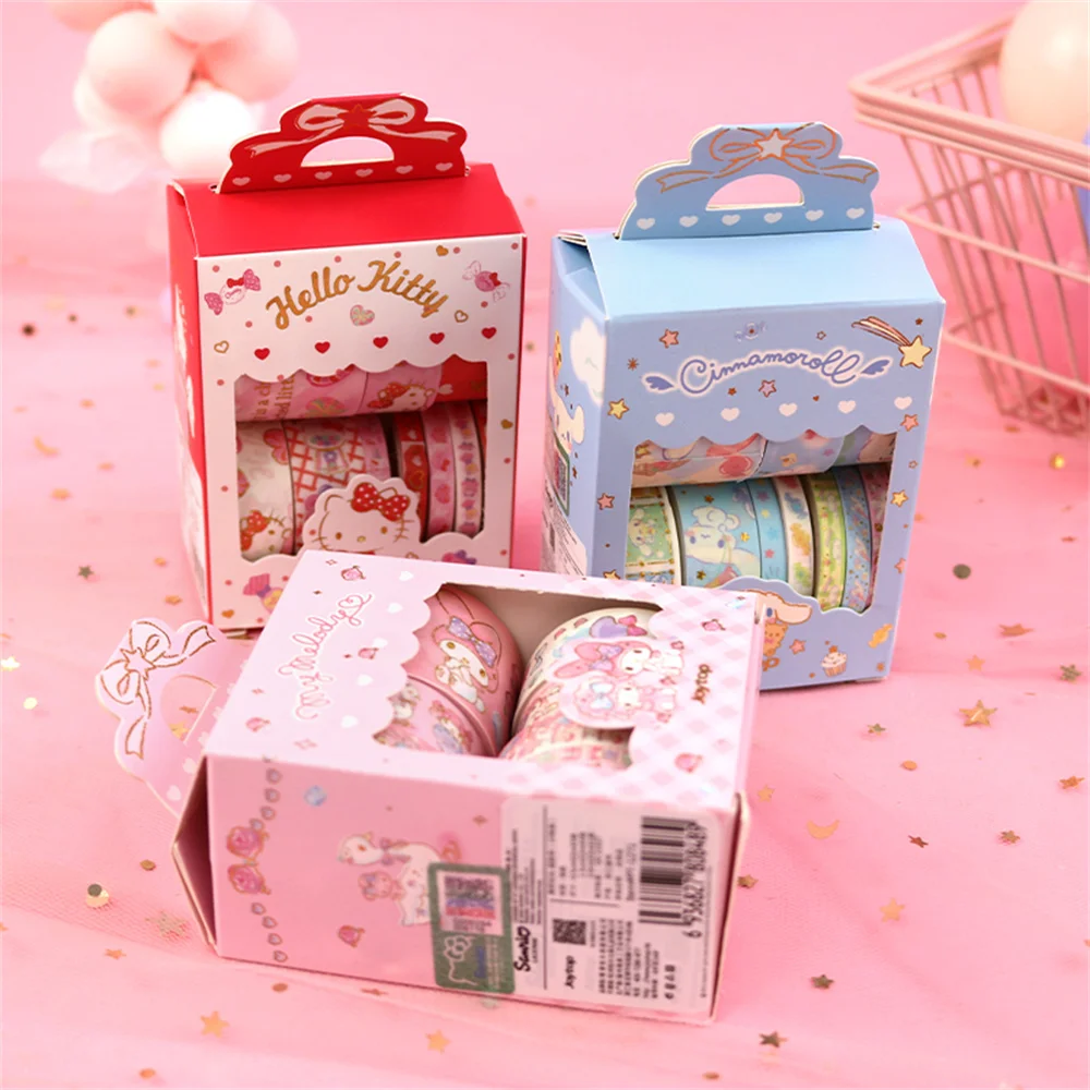 10Roll/Box Sanrio Stickers Roll Box Kuromi Cinnamoroll Hello Kitty Scrapbook Reward Sticker Label Decal Handmade Gifts Kids Toys