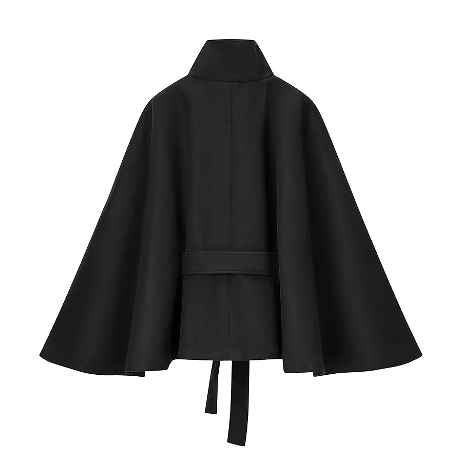 YENKYE Stand Collar Flare Sleeve Elegant Woolen Coat Women Single Button With Belt Autumn Winter Short Outerwear Lady Outfits