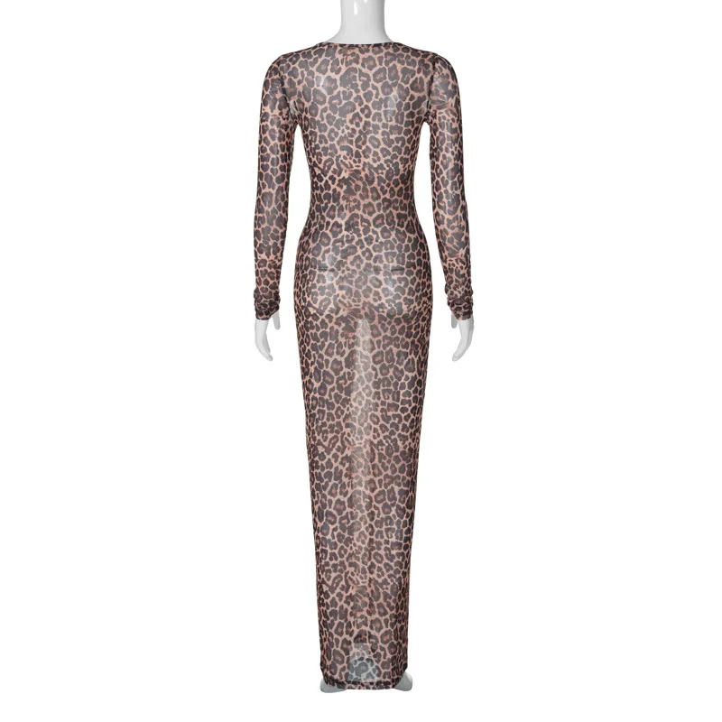 Women Sexy Leopard Print See Through Mesh Bodycon Maxi Dress 2025 Autumn O Neck Full Sleeve Night Clubwear Party Long Robe