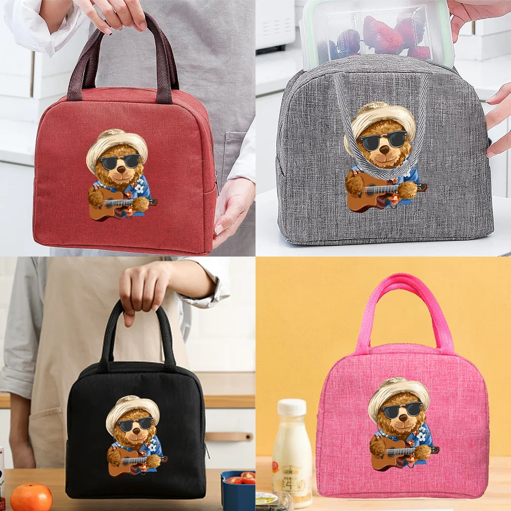 

Portable Lunch Bags for Women Musical Bear Pattern Handbags Insulated Lunch Box Unisex Tote Cooler School Food Storage Bags