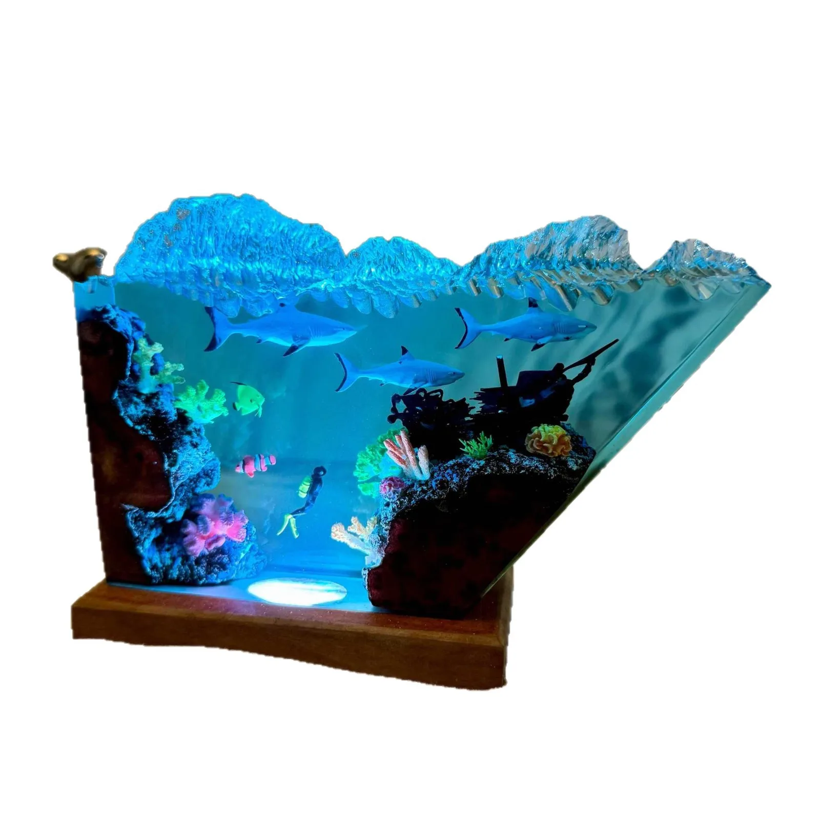 8X5 Inches Aquatic World Micro Home Art Decorative Craft Diving Suit and Shark Epoxy Resin Lamp Set Creative Gift