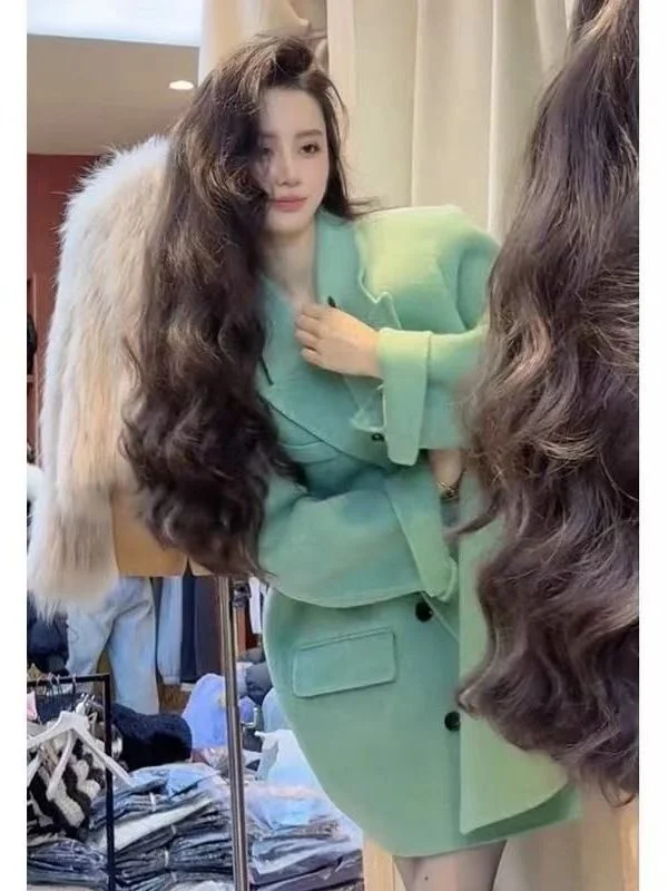 Green Woolen Suit Jacket plus Size 300 Pounds Women's Autumn Winter Mid-Length Korean Style High-End Feelings Versatile Coat