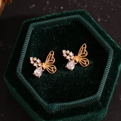 Asymmetric Half Set Zircon Butterfly Stud Earrings Hypoallergenic 316L Stainless Steel Women's Earrings 18K Gold Plated Gift