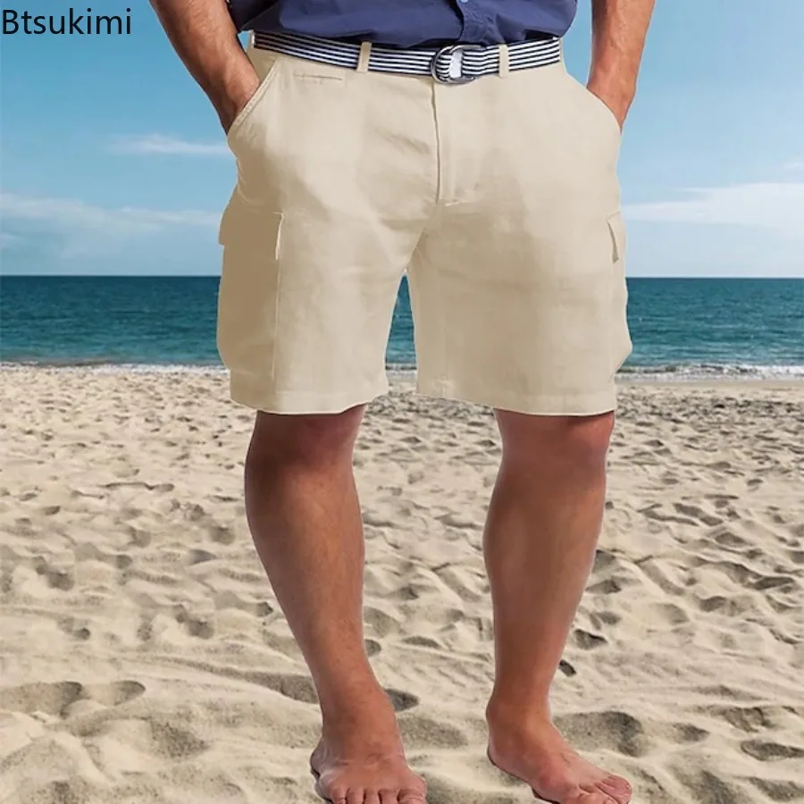 2025 High Quality Linen Shorts for Men Summer Fashion Solid Color Casual Baggy Shorts Multi Pocket Breathable Beach Shorts Male