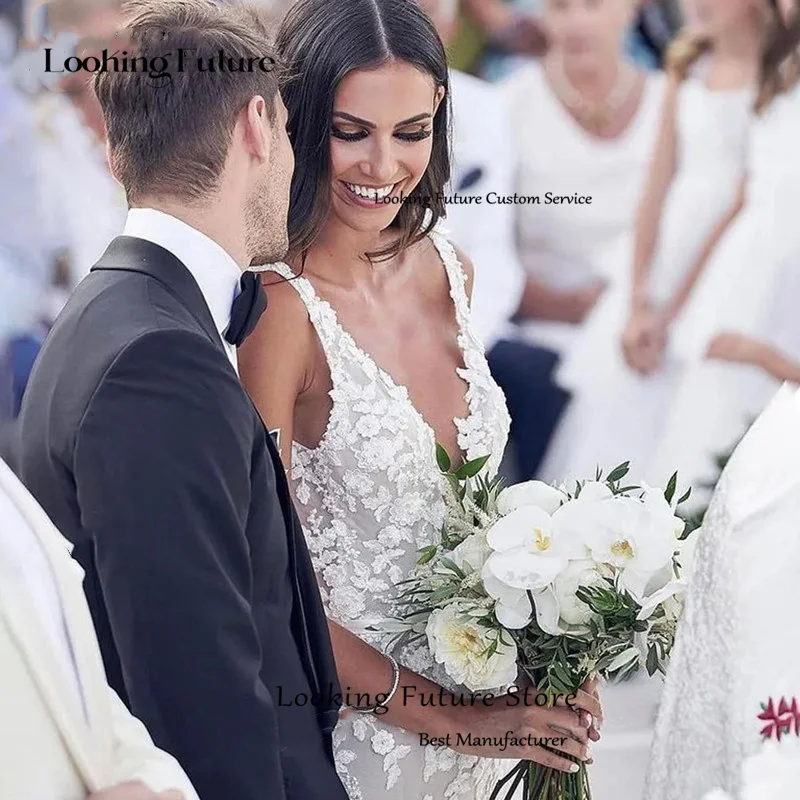 Vestido de novia largo de sirena con escote en V profundo, traje Formal con apliques de encaje plisado, Espalda descubierta, tirantes finos, Estilo Vintage