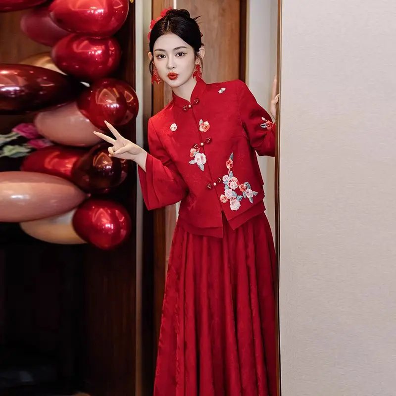 

Yourqipao Новое бордовое свадебное платье в китайском стиле, элитное нишевое женское обручальное платье, юбка, большие размеры