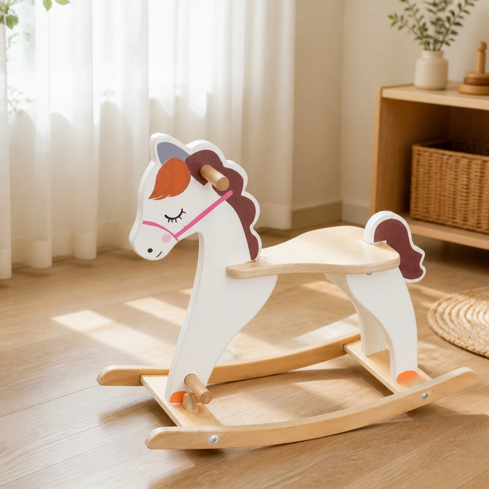Wooden Rocking Horse Smooth Kids Rocking Horse with Handles Wooden Rocker with Footrest Natural Wood Riding Toy Cute