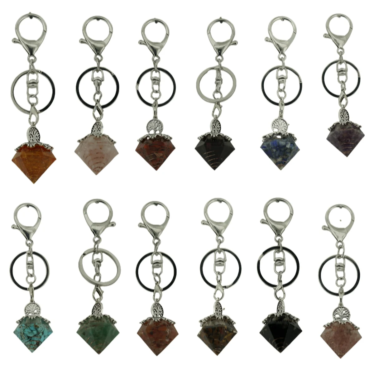 

Hot Sale Unique Design Diamond Shape Keychain Gravel Chip Gemstone Resin Spirit Pendulum Key Chain Accessories