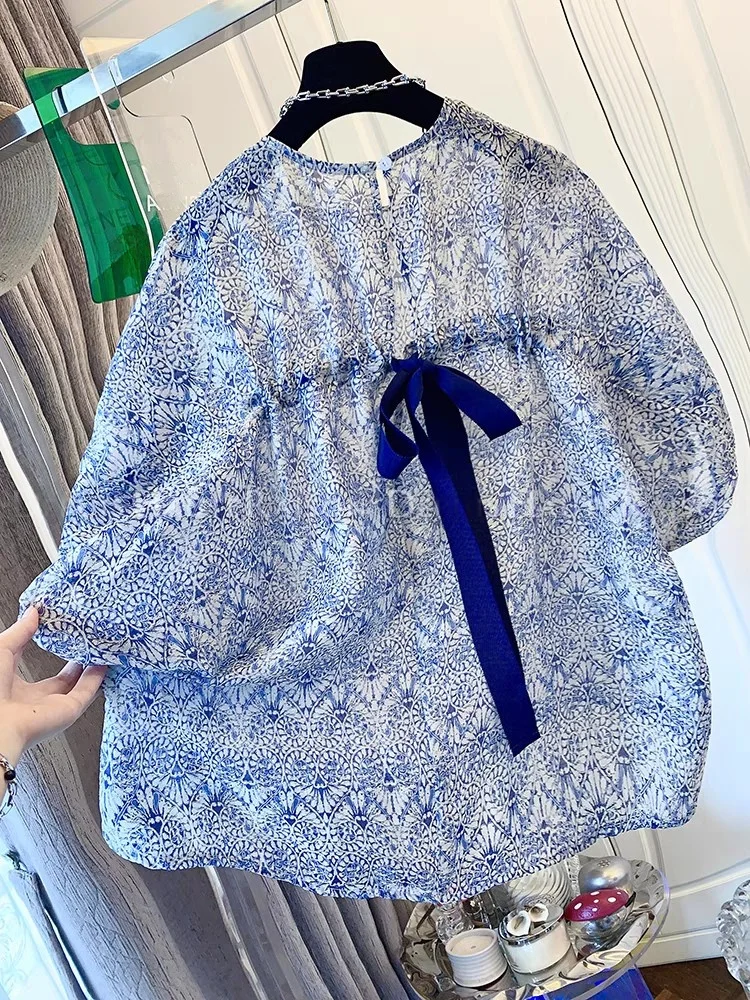 Retro Blue Floral Loose Casual Lantern Sleeve Shirt Women's Summer Top Buttoned Print Short Sleeve round Neck Thin Material