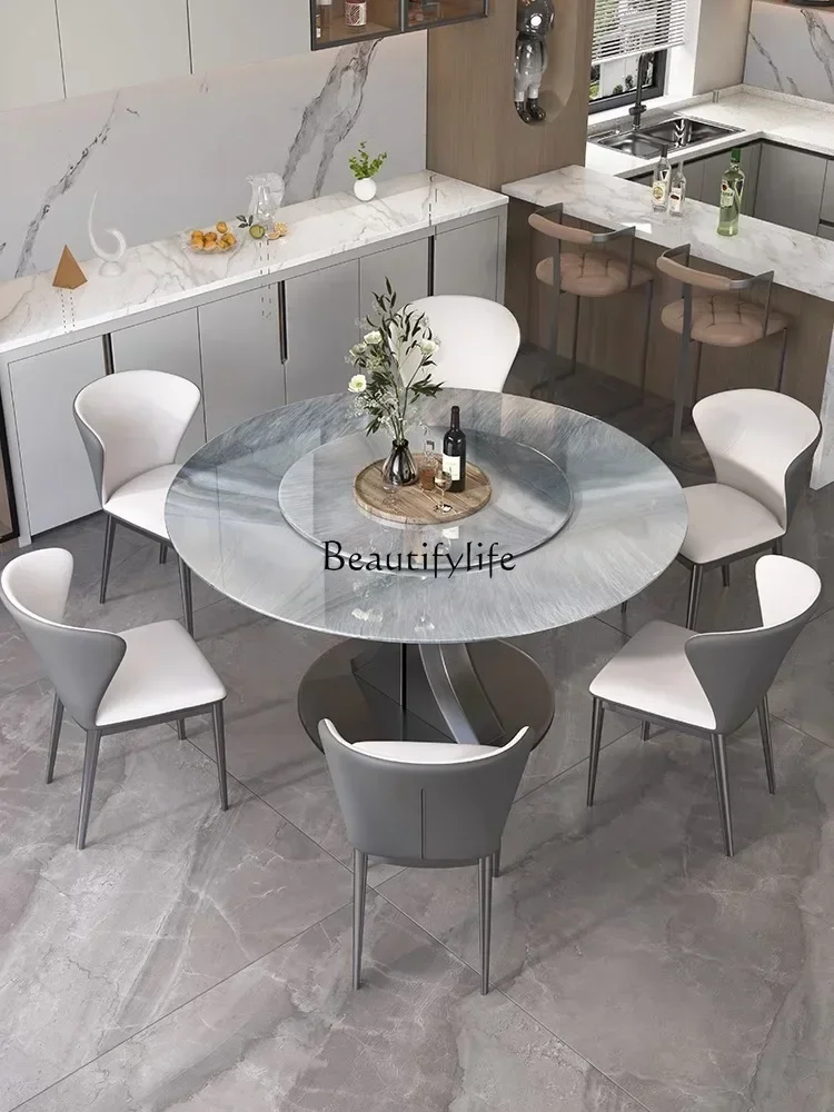 Dining Table Mild Luxury Marble High-End Natural Microlite round Italian Dining Table