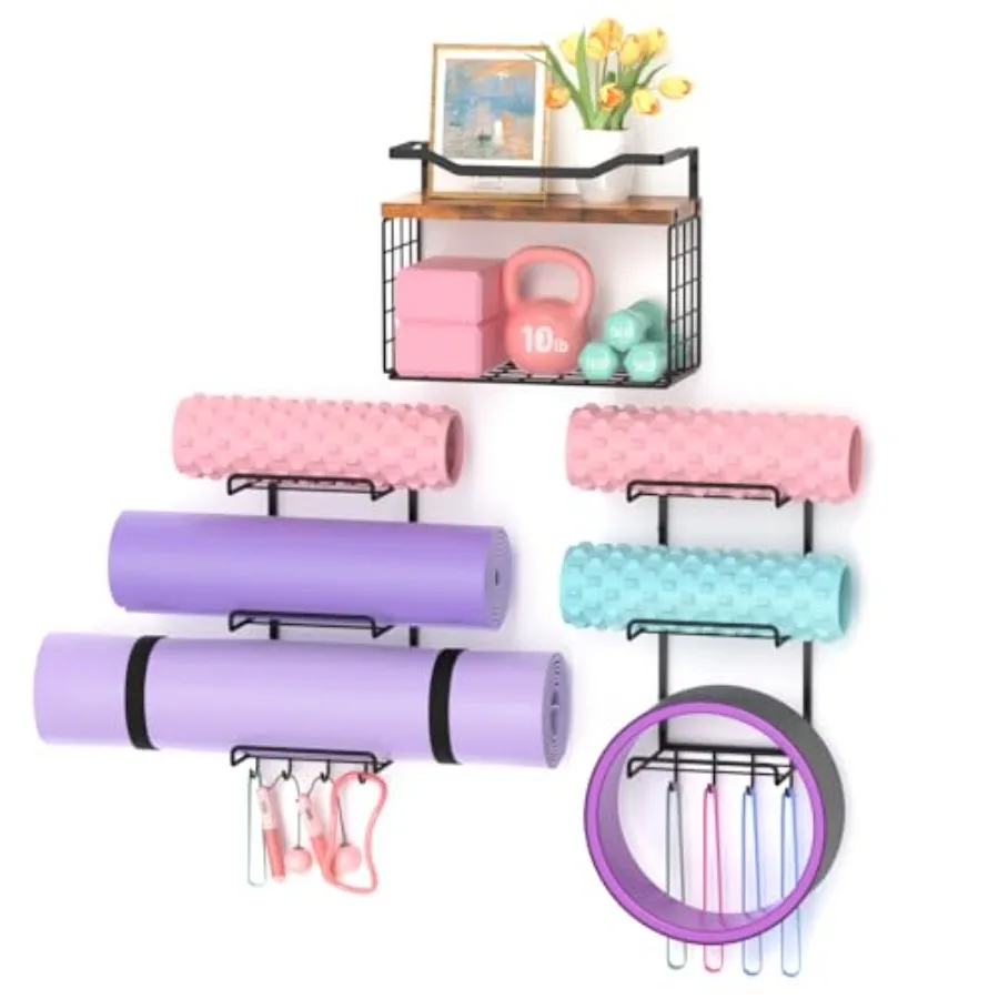 

6-Tiers Yoga Mat Holder Wall Mount with Wood Floating Shelves Yoga Mat Storage Rack Home Gym Accessories with Hooks for Hanging