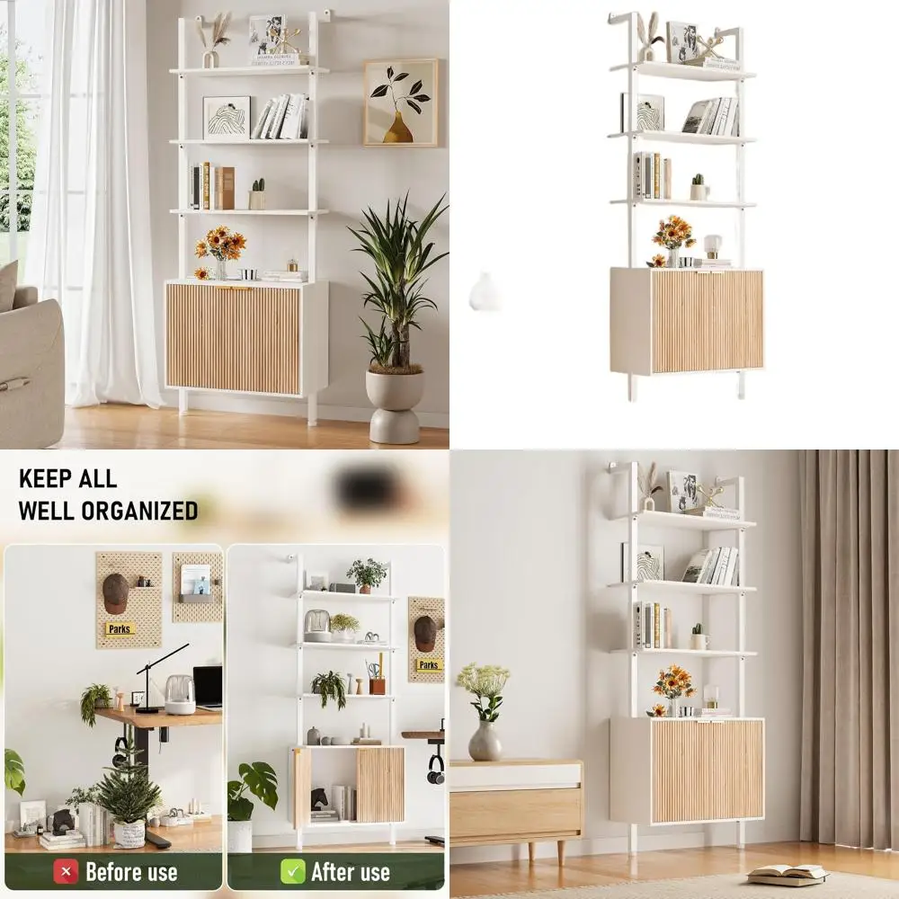 

Modern White and Oak Ladder Bookshelf, 74 High with Storage Cabinet, Wall-Mounted Display for Living Spaces