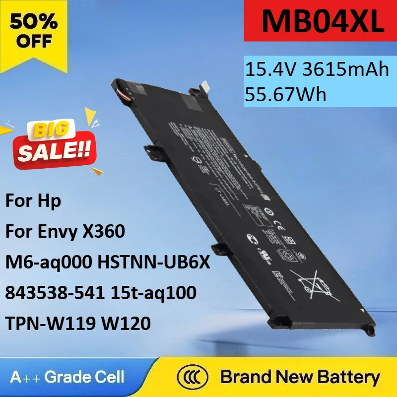 

55.67Wh 15.4V 3615mAh MB04XL Replacement Laptop Battery for Hp Envy X360 M6-aq000 HSTNN-UB6X 843538-541 15t-aq100 TPN-W119 W120