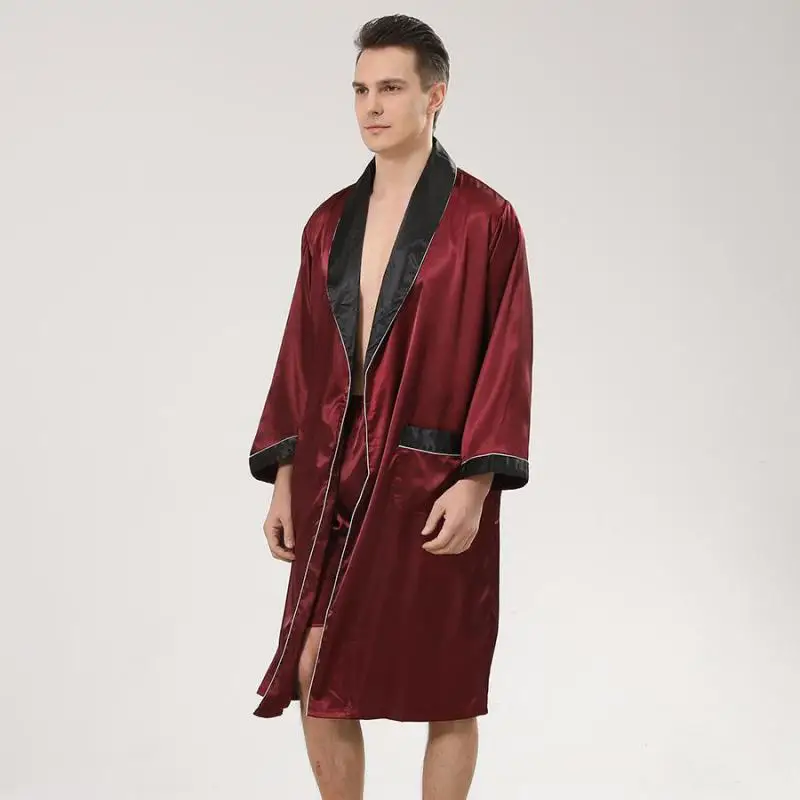 Men Lapel Robe&Shorts Long Sleeve 2PCS Sleepwear Spring Summer Sleep Set Casual Nightgown Male Robe Set Home Dressing Gown