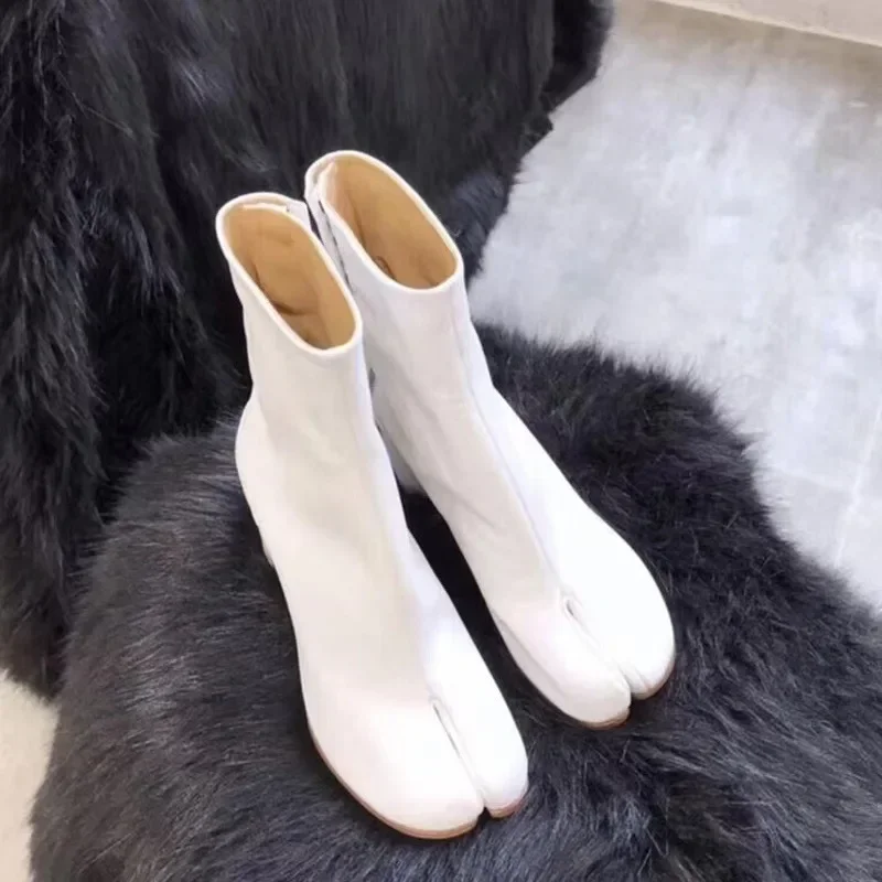 Split Toe Ankle Boos for Women Luxury Brand Designer Genuine Leaher Tabi Shoes Broken Mirror Silver Chunky Heels Booties