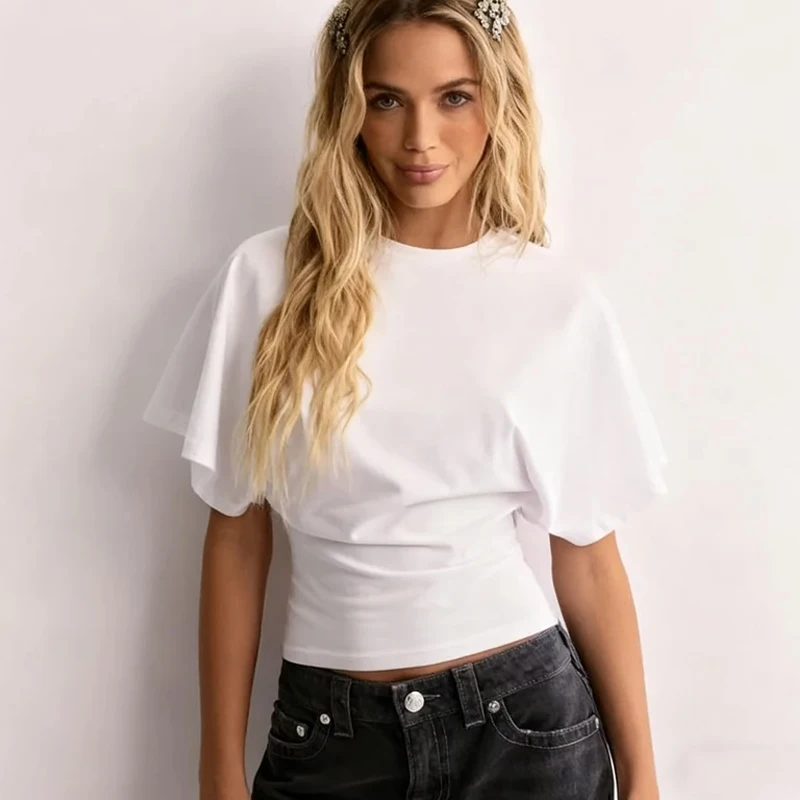 

Элегантная блузка с круглым вырезом и приталенной талией, модная женская летняя короткая футболка с короткими рукавами, новая однотонная повседневная рубашка, свободный уличный топ Y2K