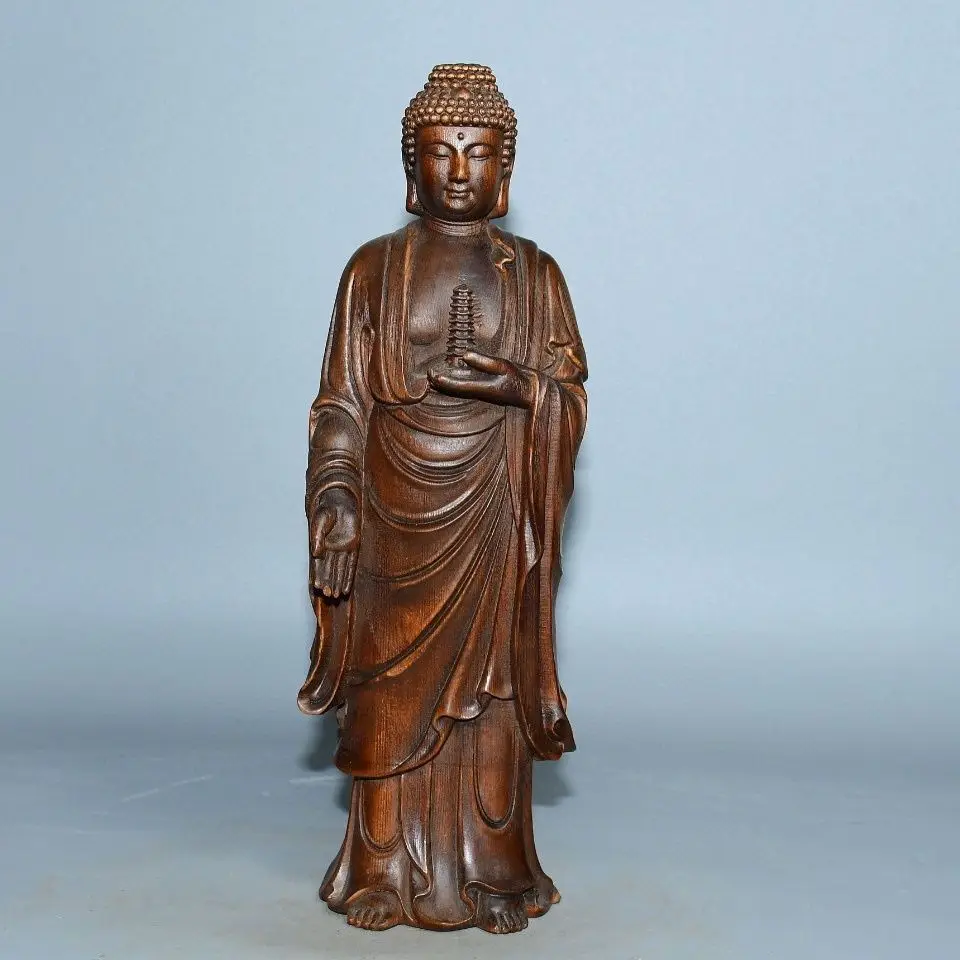 Hand Carved Wood Holding the tower tathagata buddha Statue Figurine Desktop Ornaments Home Decoration
