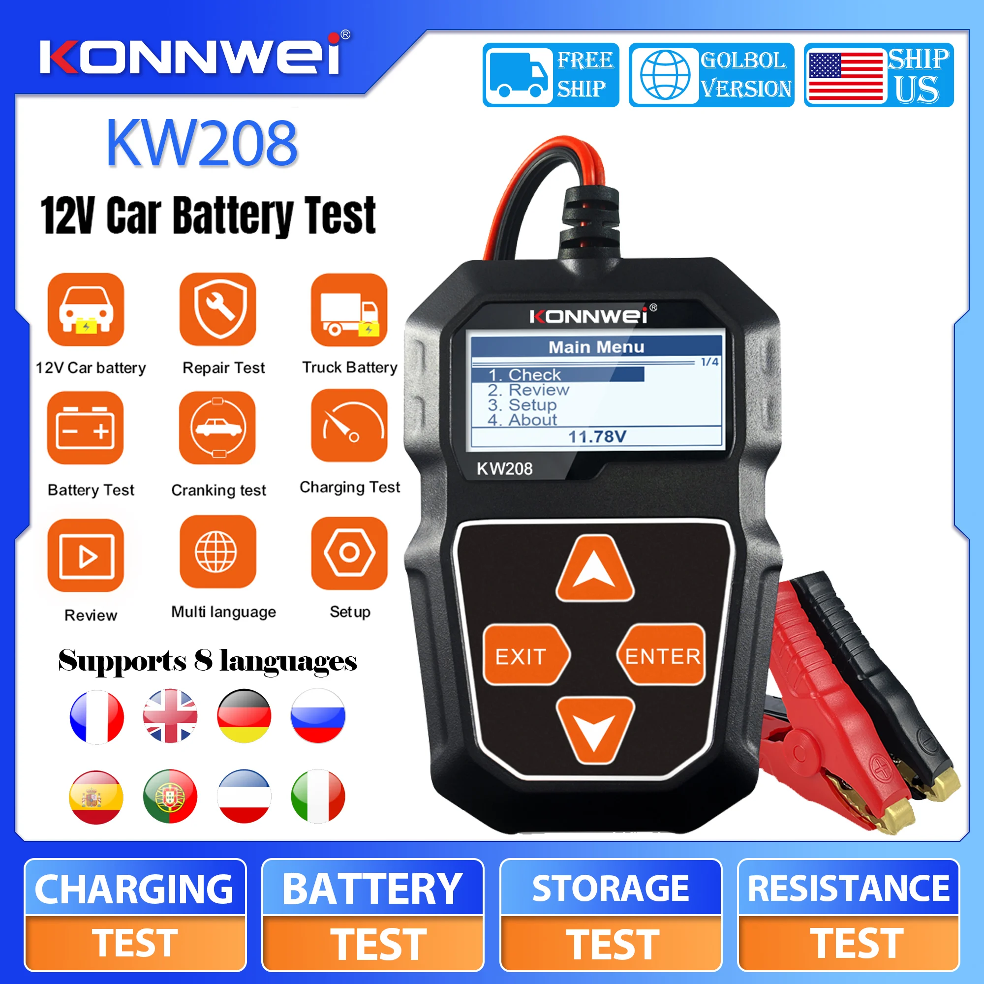 KONNWEI KW208 12V Car Battery Tester CCA Voltage Tester Charging Cranking System Analyzer Automotive Diagnostic Tool