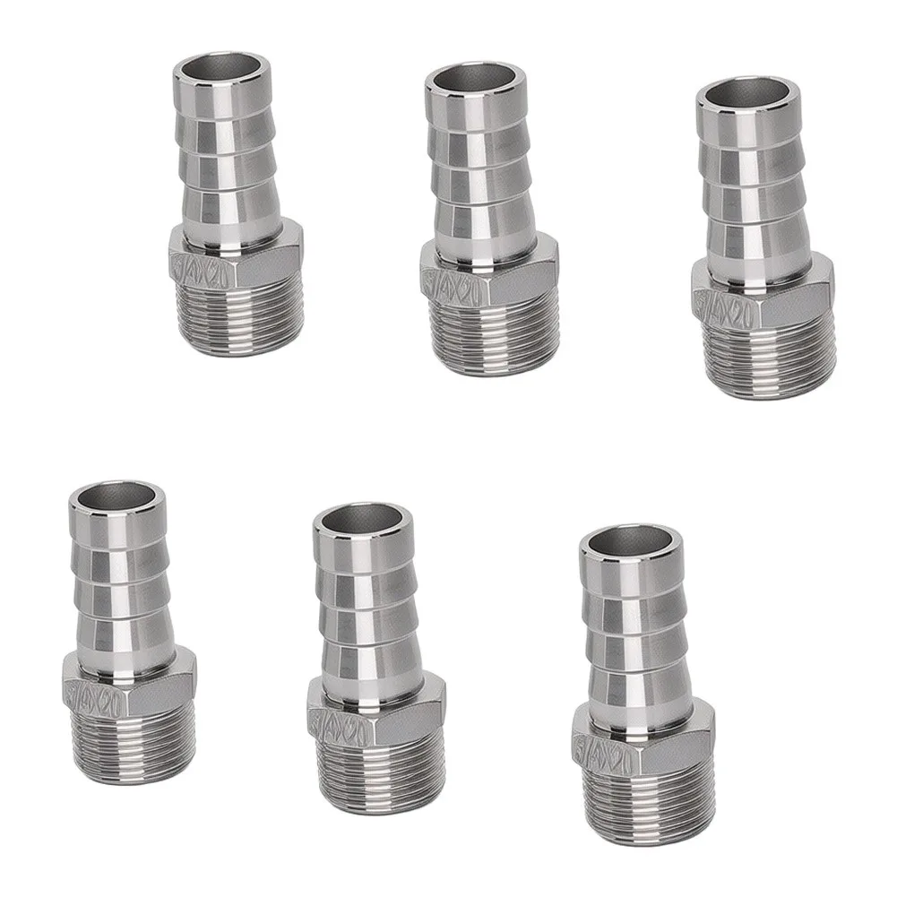 6 Piece 304 Stainless Steel Barbed Fitting Kit with 3/4 Inch NPT Male Thread Designed for Home Brew Plumbing Use