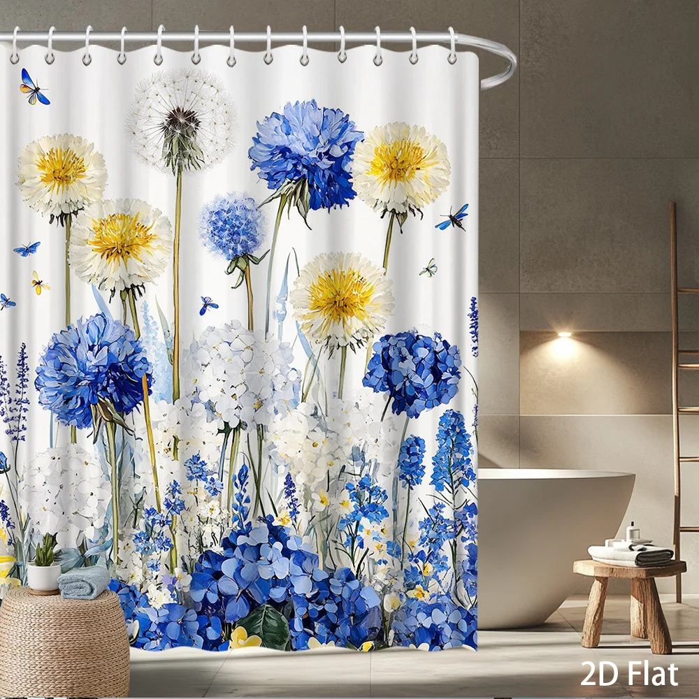 

Сине-желтая занавеска для душа с растительным принтом – акварельные васильки, одуванчики и гортензии на кремовом фоне, водонепроницаемый полиэстер, 12 крючков