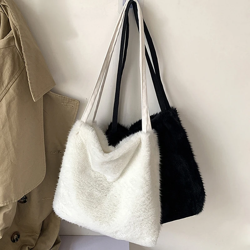 Women\'s Shopper Bag Plush Tote Shoulder Bags For Women 2024 Fluffy Female Handbag Fur Ladies Hand Shoppers Bag Black Sac A Main