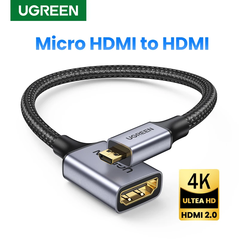 UGREEN Micro HDMI-Compatible to HDMI-Compatible Adapter 4K/60Hz 3D for GoPro Hero 7 Raspberry Pi 4 Sony Nikon Braided Cable 4K