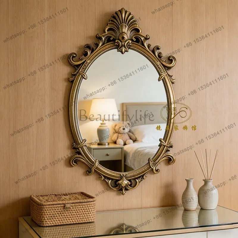 

French retro wall hanging carved decorative mirror bathroom makeup porch mirror